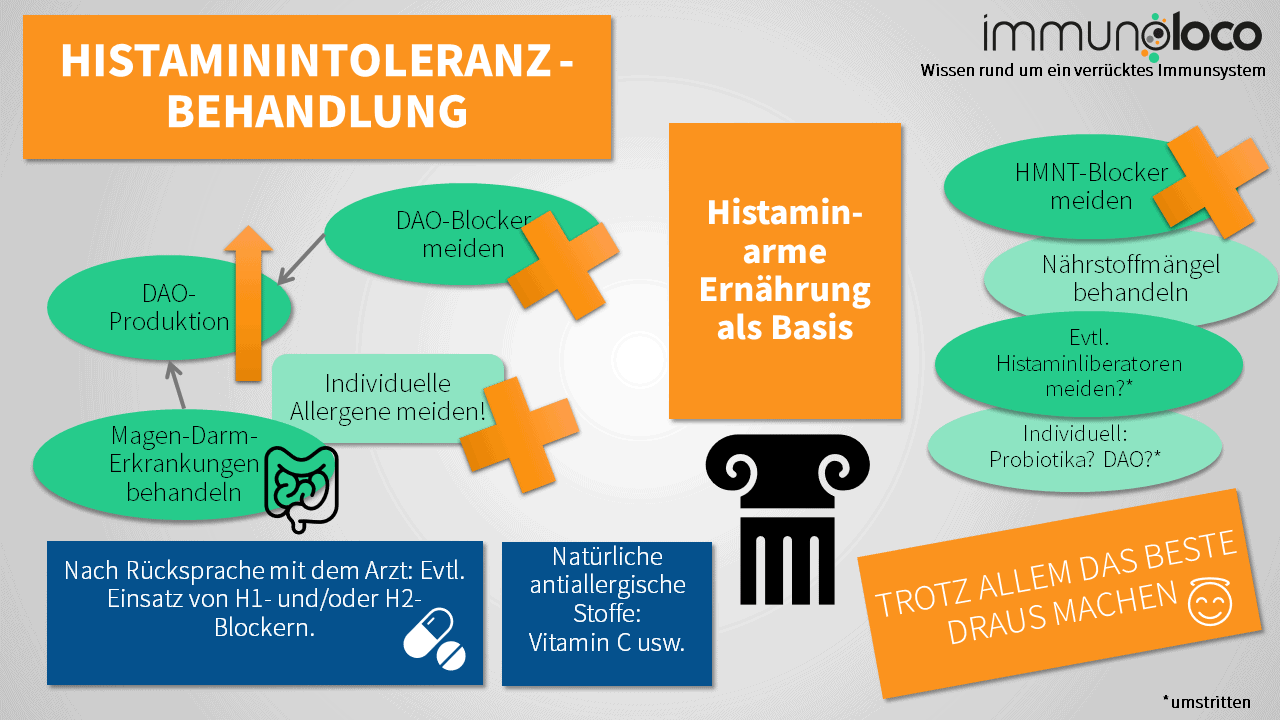 Schematische Darstellung der Behandlungsoptionen bei Histaminintoleranz (von immunoloco)
